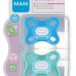 MAM Comfort 2 Sucettes en Silicone 0 Mois et + et une Boîte de Stérilisation - Couleur : Bleu