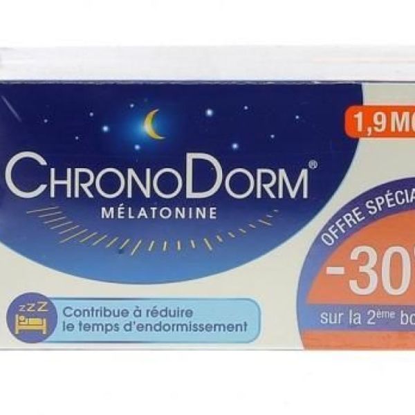 Chronodorm Mélatonine 1,9mg Cp sublinguaux 2 boites de 30 offre -30% sur la 2nd boite