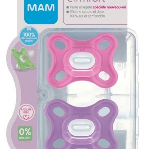 MAM Comfort 2 Sucettes en Silicone 0 Mois et + et une Boîte de Stérilisation - Couleur : Rose