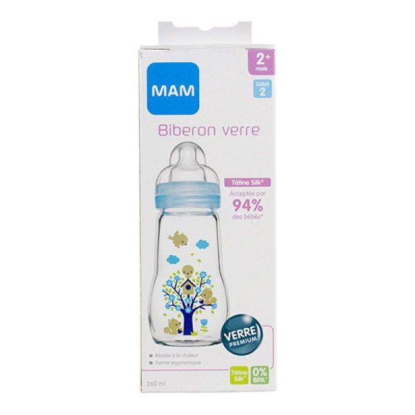 Biberon verre +2 mois 260ml bleu