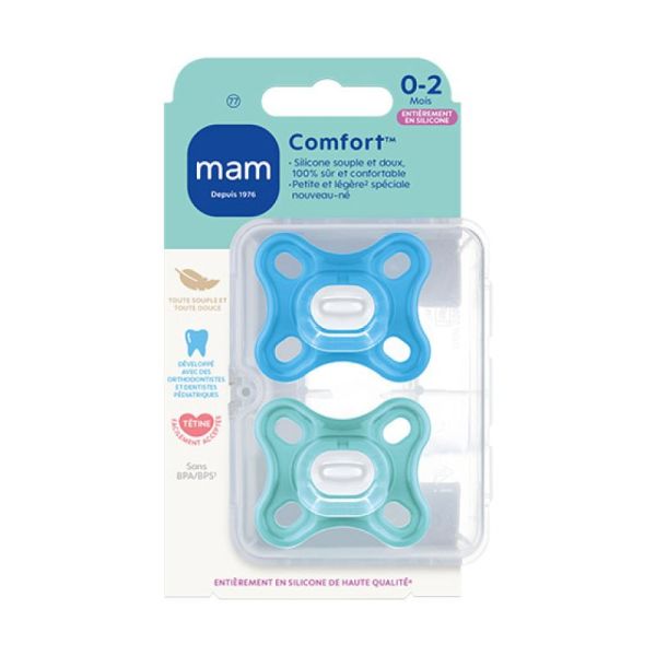 MAM Comfort 2 Sucettes en Silicone 0-2 mois + Boîte de Stérilisation - Bleu